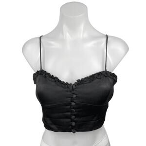 Zara Black Silk Satin Ruffle Button Lace Corset Cami Camisole Crop Tank Top Sz S